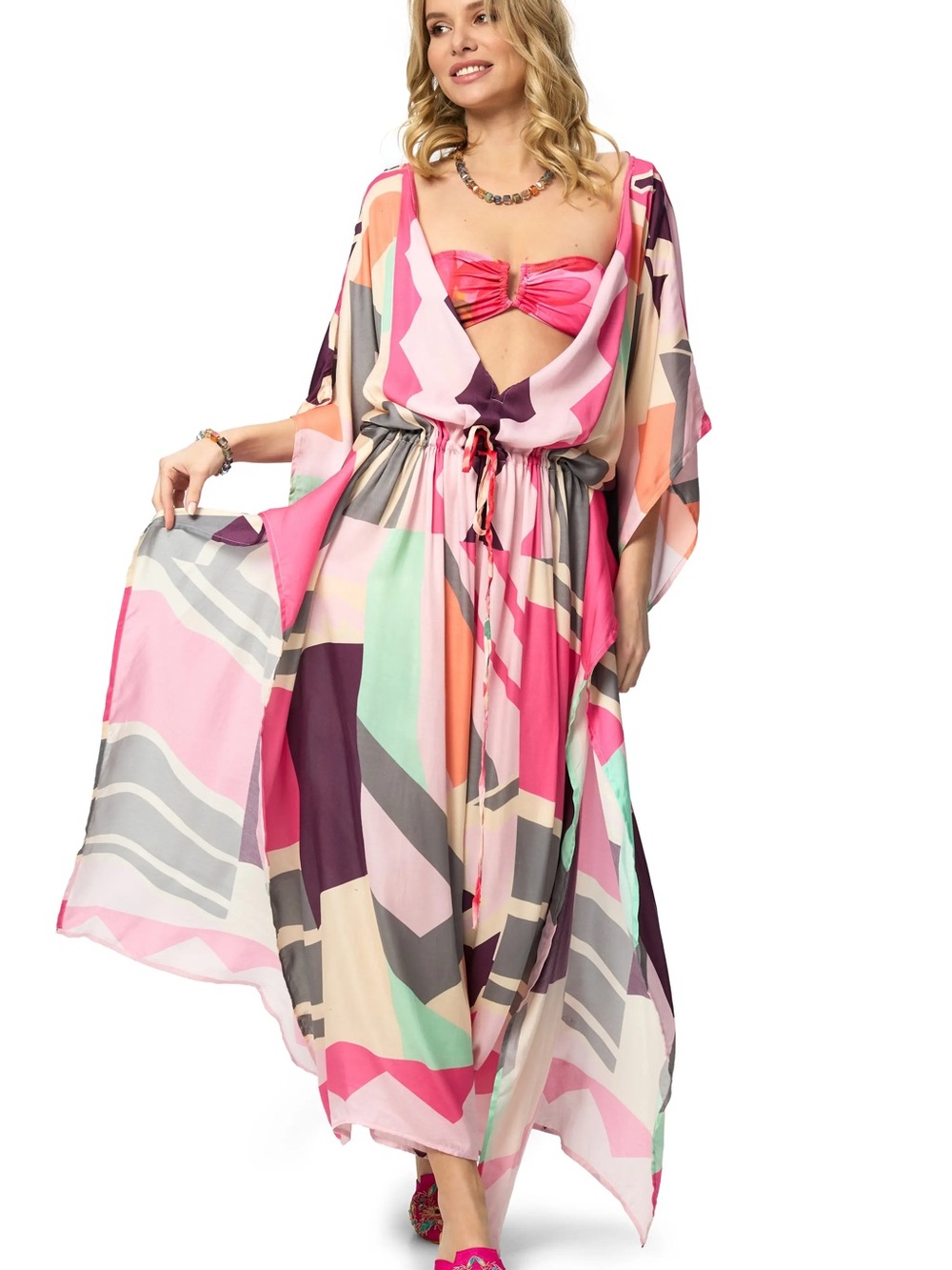 Saachi Flowy Geometric Maxi Dress Caftan in Multicolor